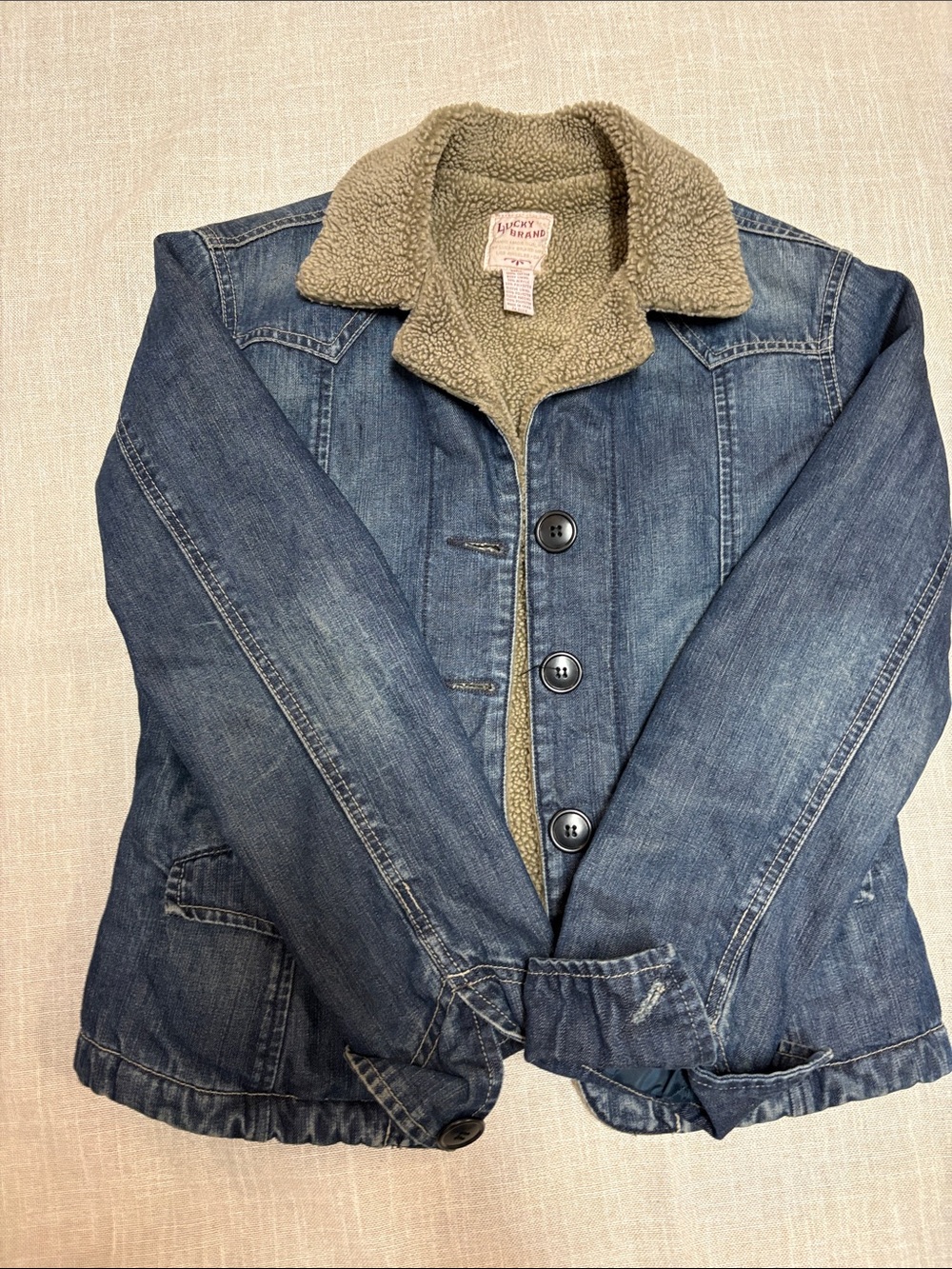 Lucky Brand Blue Denim Jacket with Tan Sherpa Collar